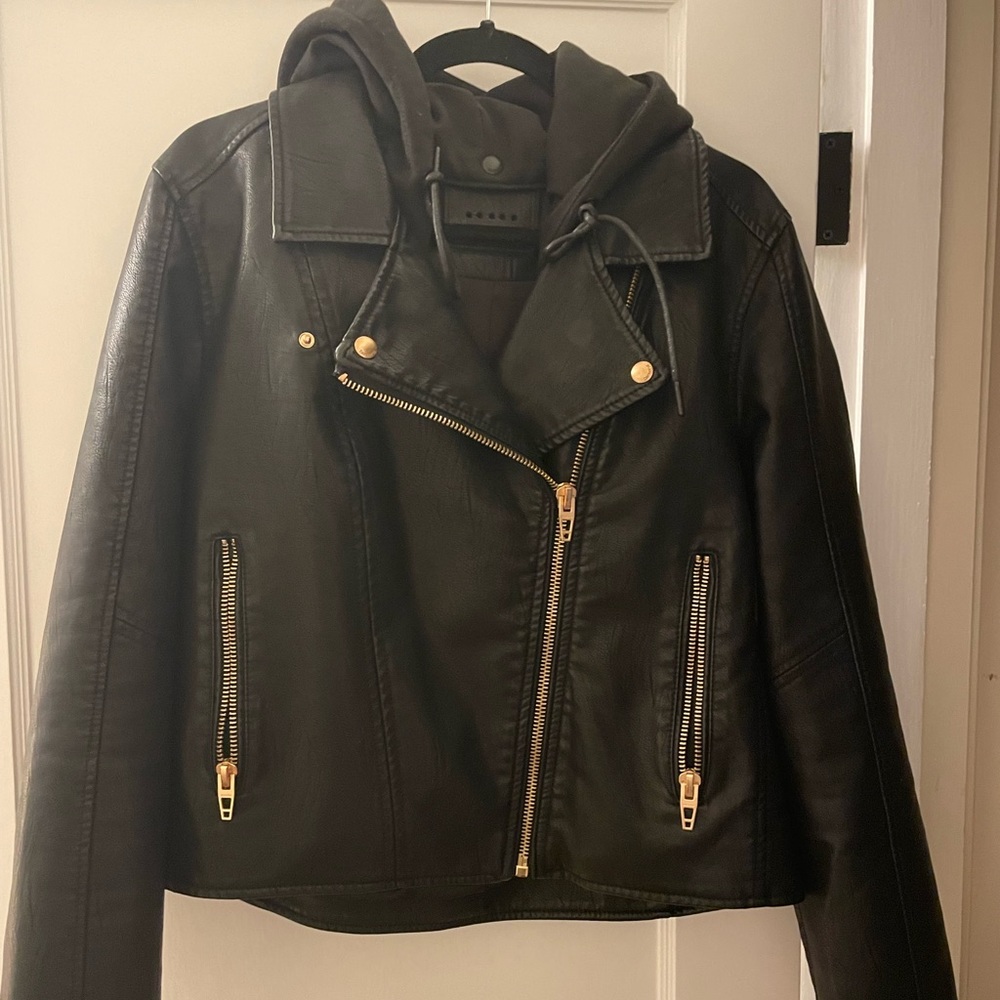 BlankNYC black faux leather jacket removable hood